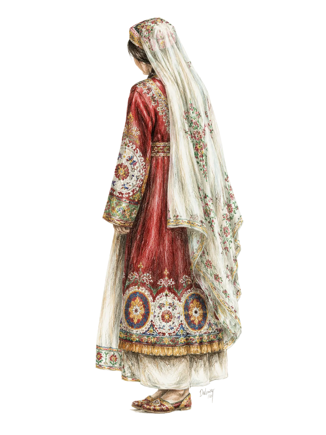 Coloured-pencil illustration of a Tajik bride in traditional dress for Choygashtak, a deep-red embroidered gown with ikat and floral patterns, a long flowing veil, and gold-trimmed slippers.
