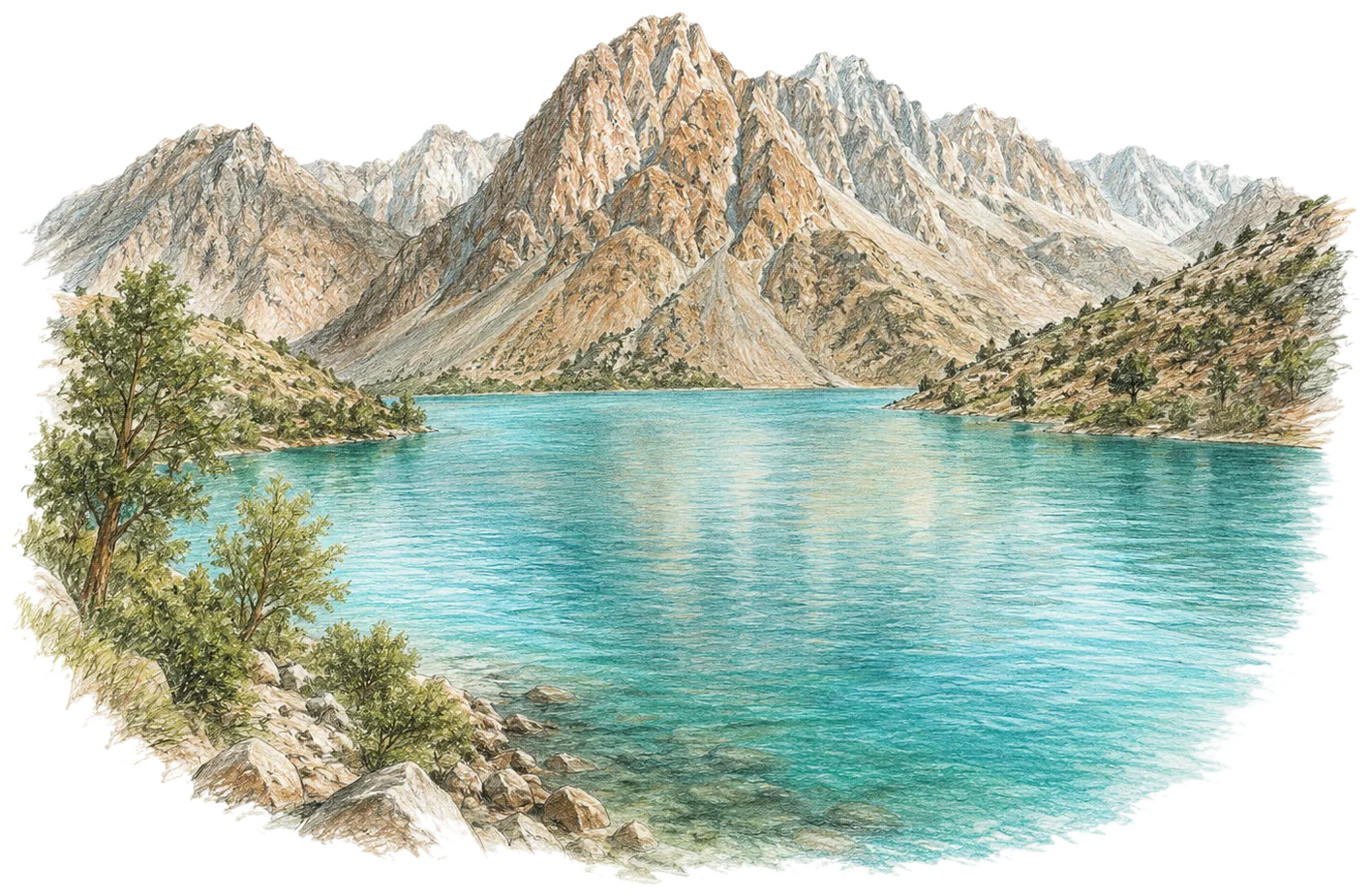 Coloured-pencil illustration of Iskanderkul, a turquoise alpine lake cradled by rugged tan-and-grey mountains, with a leafy tree and rocky shore in the foreground.