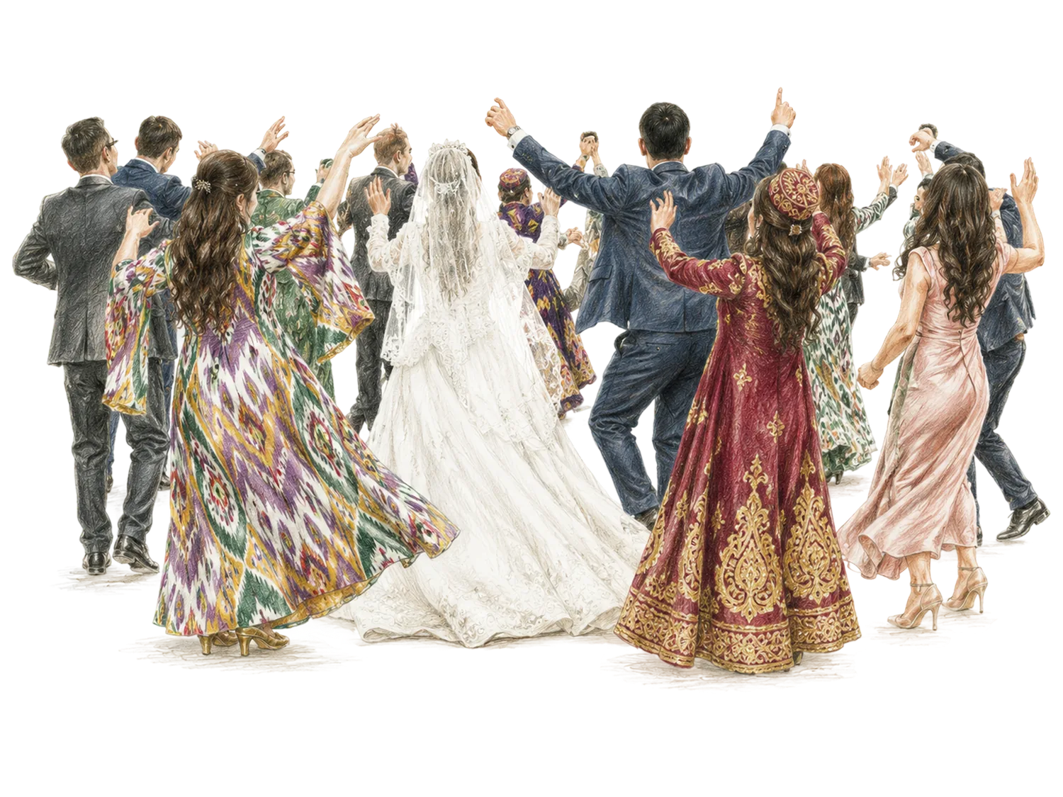 Coloured-pencil illustration of the Tuy, wedding guests in traditional Tajik dress, from ikat coats to a gold-embroidered crimson gown, dancing in a ring around the veiled bride in her white gown.