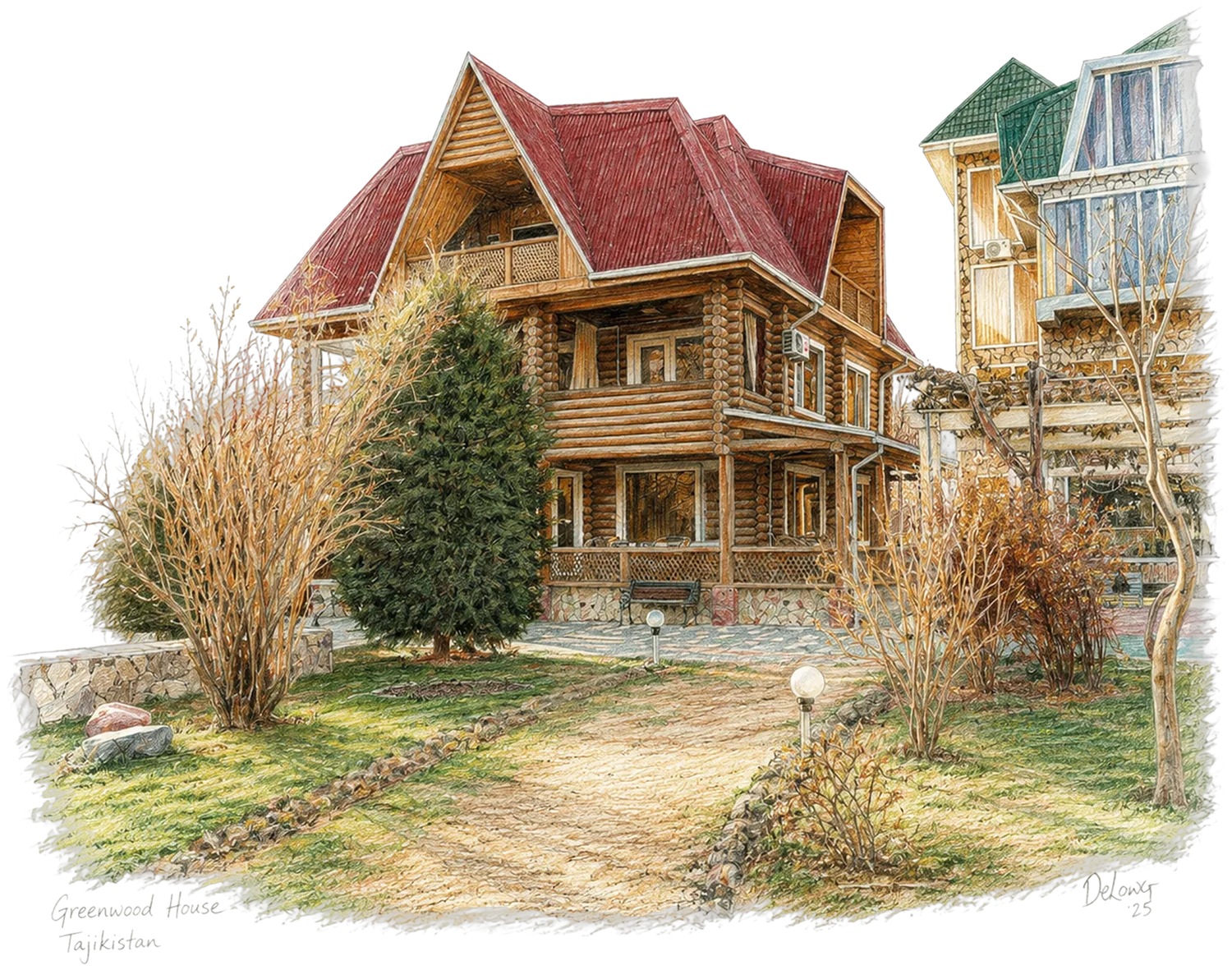Coloured-pencil illustration of Greenwood House — a two-storey wooden log mansion with a deep-red roof, a garden of bare trees, and a stone path.