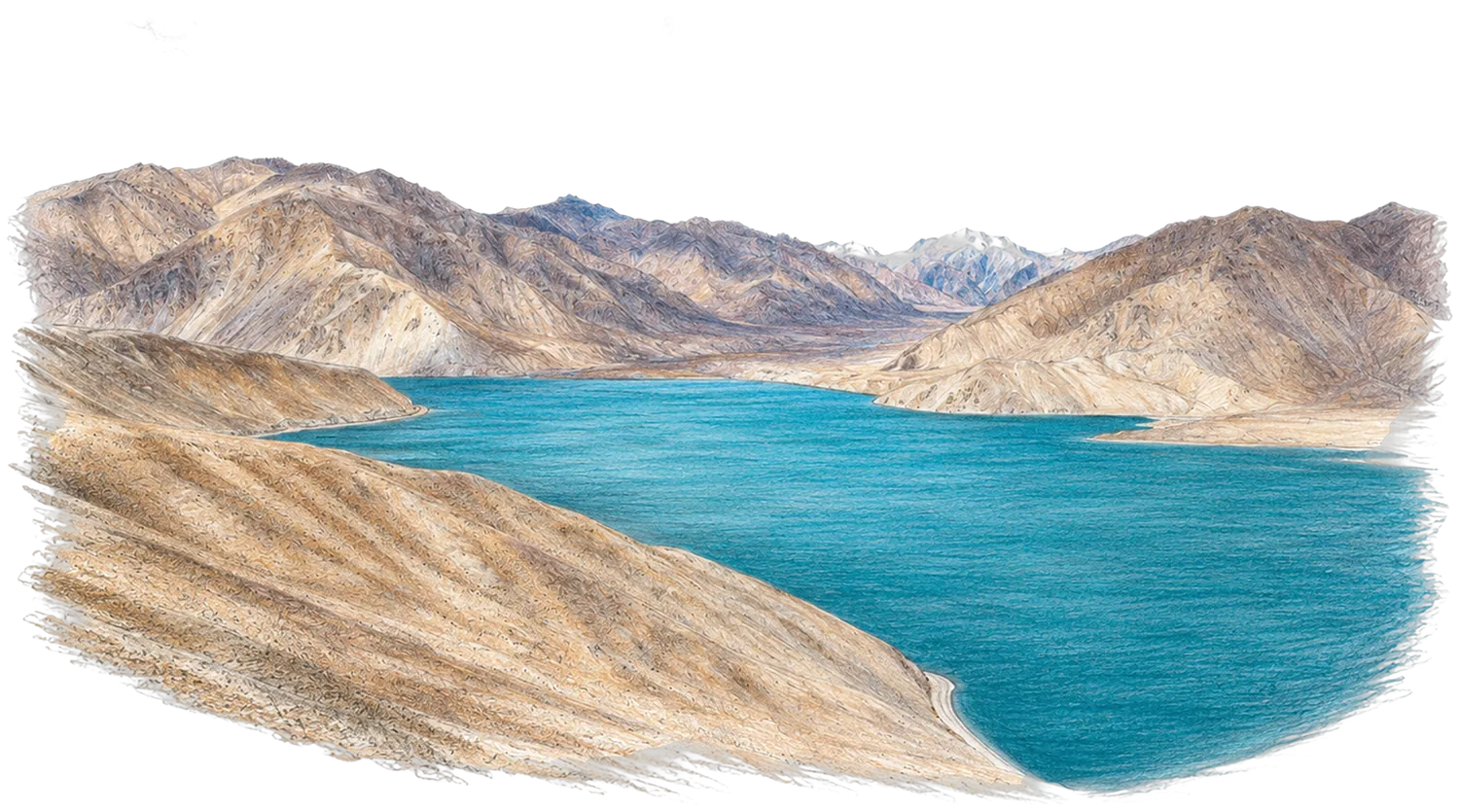 Coloured-pencil illustration of Iskanderkul — a wide turquoise alpine lake ringed by tan dunes and peaks under small clouds.