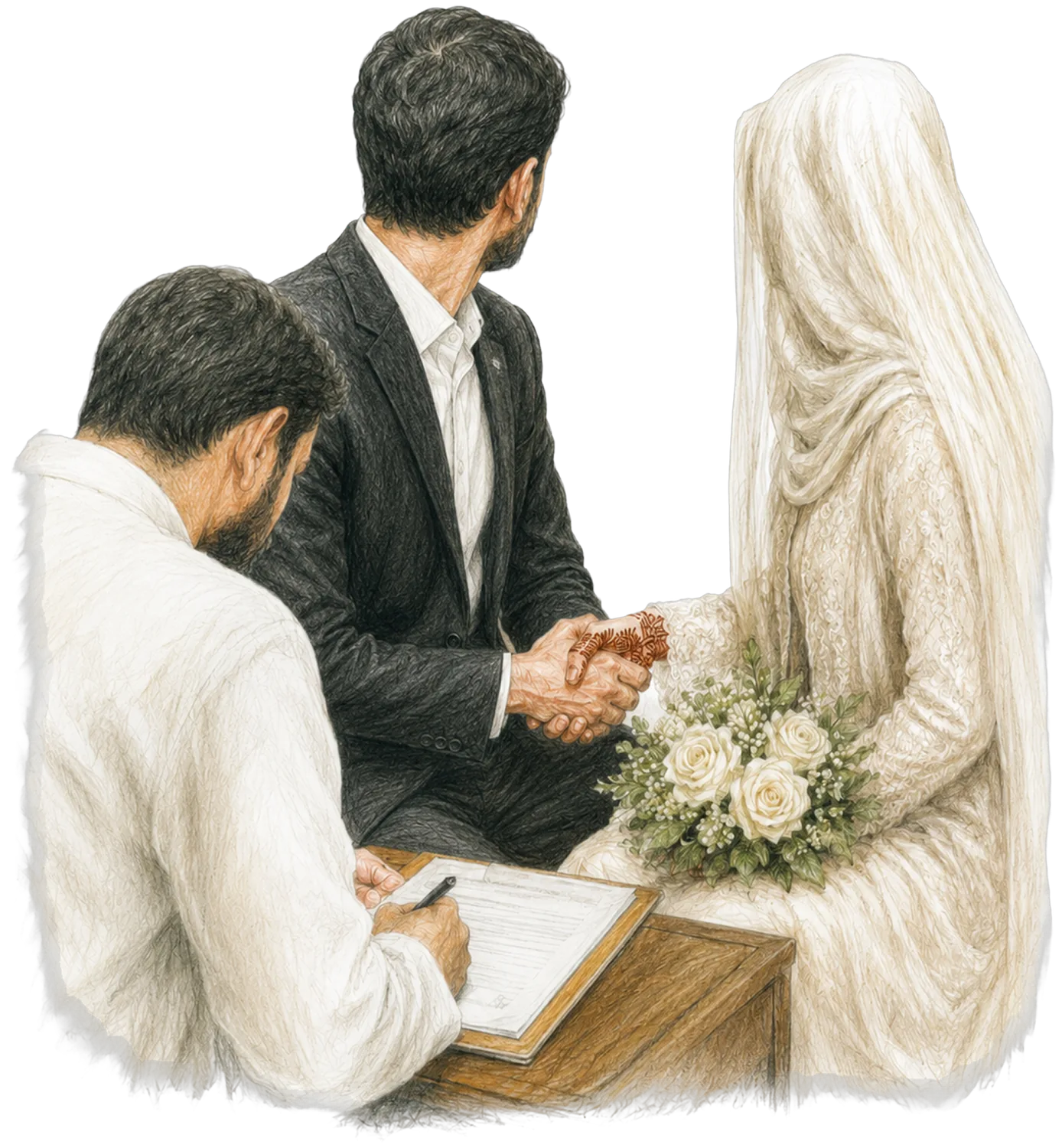 Coloured-pencil illustration of the Nikkah — a veiled bride, the groom, and an officiant signing at a table, with henna-painted hands.