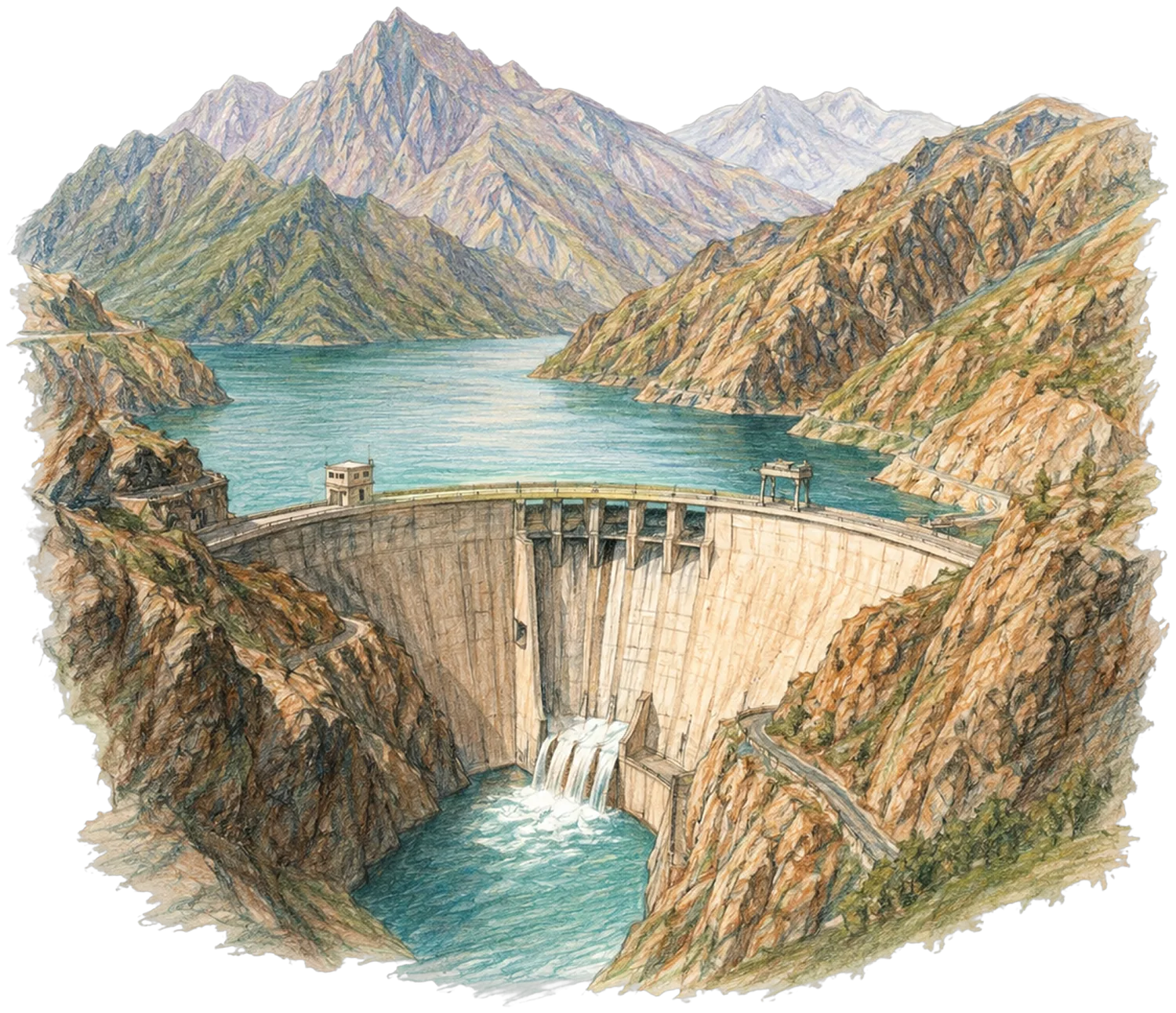 Coloured-pencil illustration of the Norak reservoir — a turquoise lake held between bare brown mountains above a hydroelectric dam.