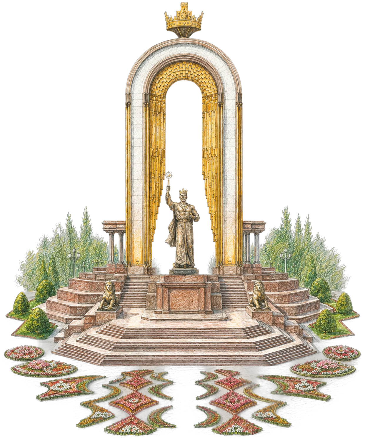 Coloured-pencil illustration of the Ismoili Somoni monument in Dushanbe — a tall white-and-gold ceremonial arch over a crowned statue, marble steps, and ikat-patterned flowerbeds.