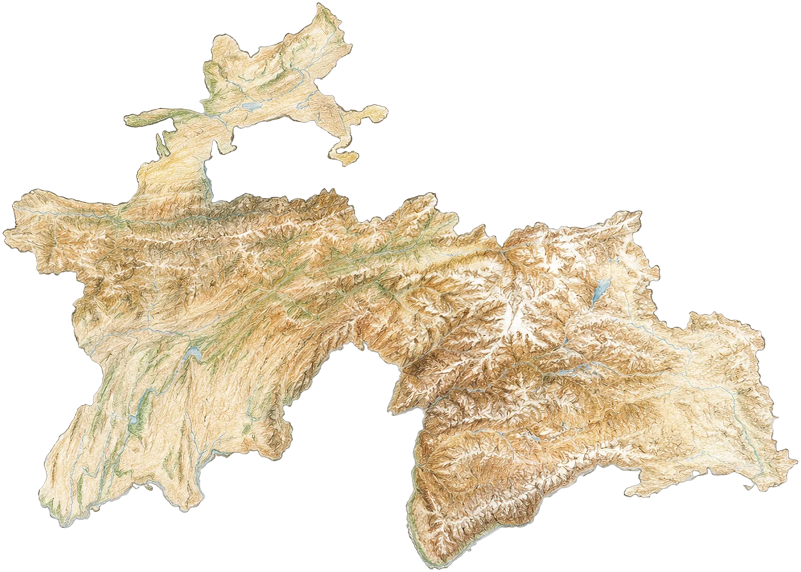 A coloured relief map of Tajikistan — its mountains and valleys, the country you will travel across this week.