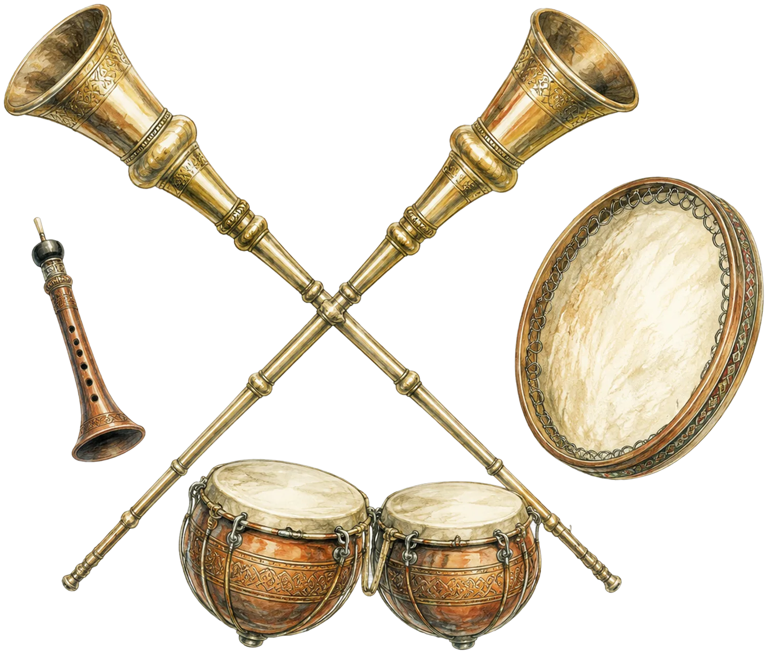 Coloured-pencil illustration of Tajik wedding instruments — two crossed golden karnay horns, a doira frame drum, tablak drums, and a surnay.