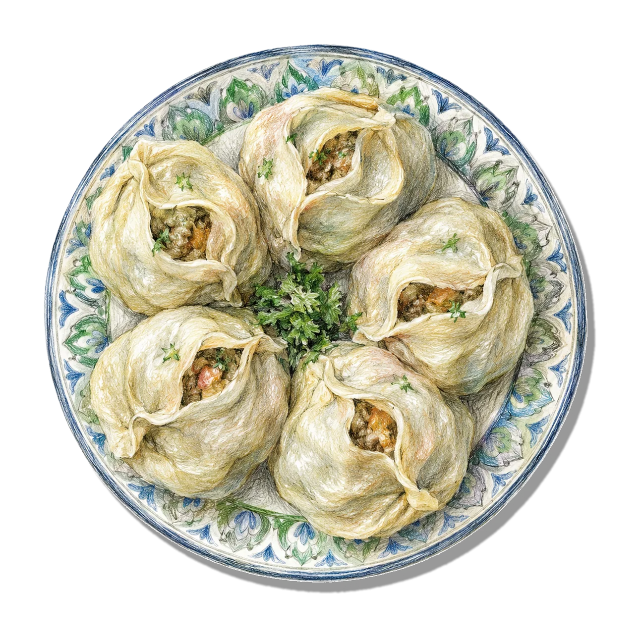 A plate of Tajik mantu — hand-pleated steamed dumplings under yogurt