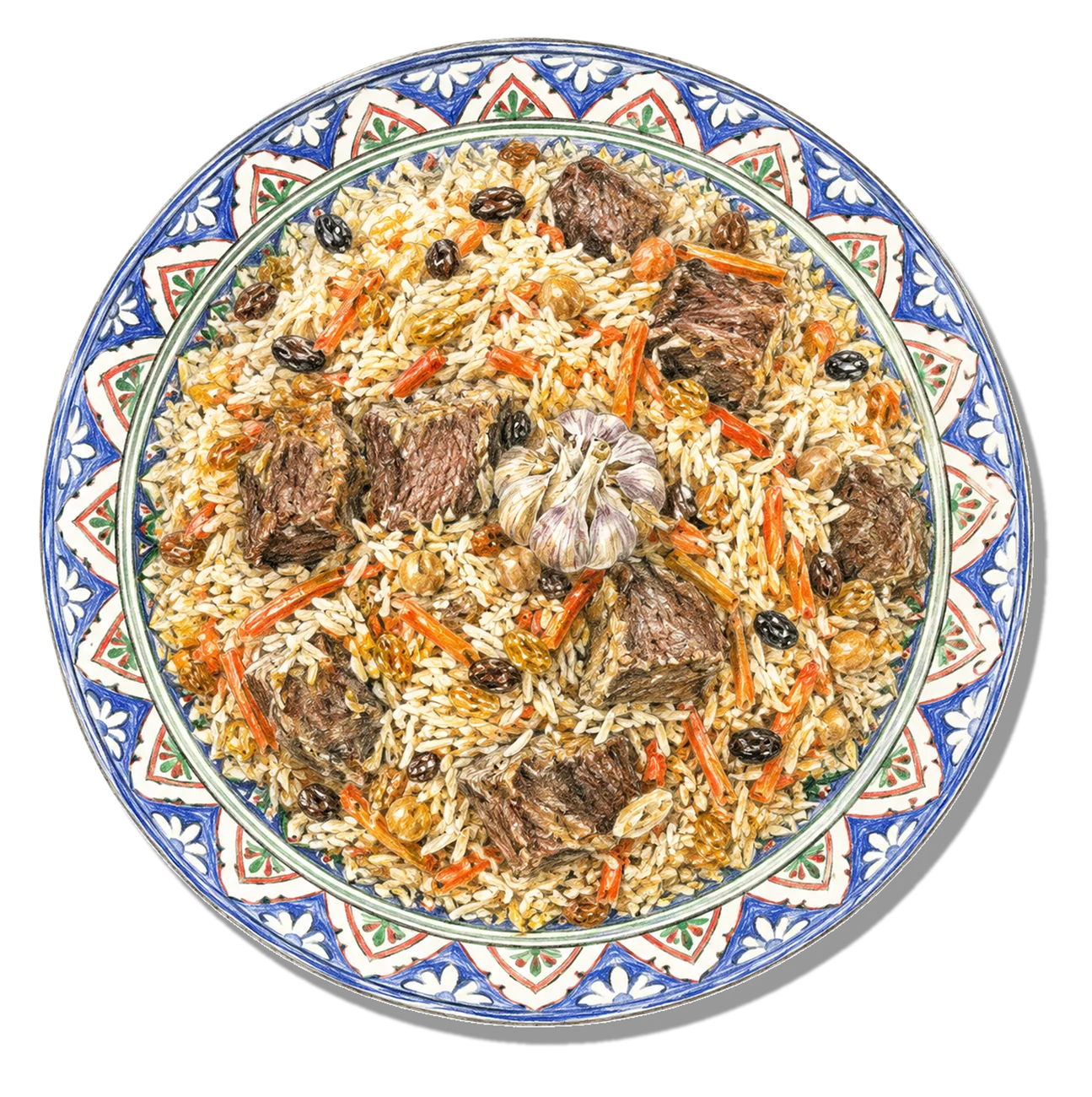 A platter of Tajik plov — lamb, rice and carrots in an ornate kazan plate