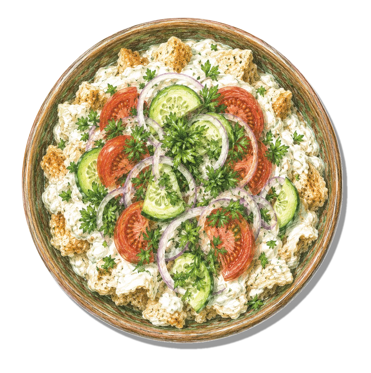 A shared platter of Tajik qurutob — torn fatir bread, qurut sauce, onions and herbs