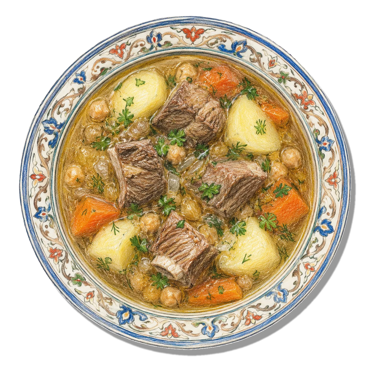 A bowl of Tajik shurbo — lamb broth with whole vegetables and chickpeas
